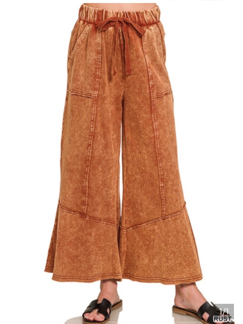Zenana Rust Wide-Leg Drawstring PantsSize SM